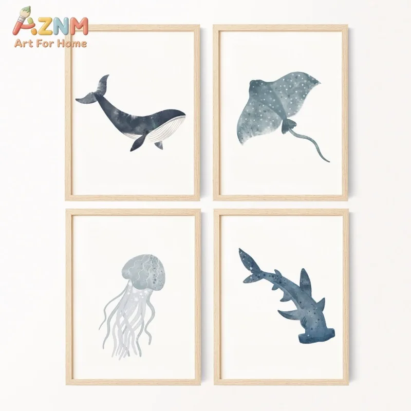 AZNM Watercolor Sea Creatures Canvas Wall Art, Whale Ray Jellyfish Shark Print, Frameless Nautical Ocean Themed Canvas Painting