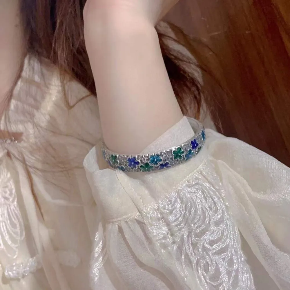 

Handicraft Flower Enamel Bracelet Classic Ethnic Style Chinese Cloisonne Bracelet Adjustable Open Cuff Bangle Accessories