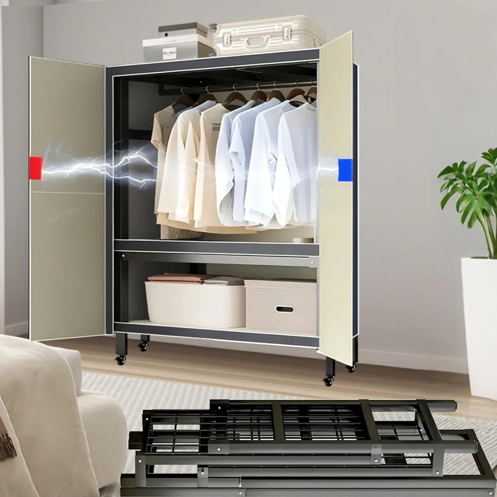 

Rolling Clothes Rack with Magnetic Door, Metal Clothing Rack Load 2000lbs, Foldable Portable Wardrobe Closet for Hanging Clothes