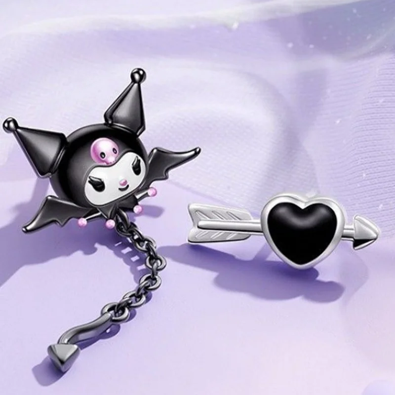 Kawaii Sanrio Kuromi Earrings Girl Anime Black Earrings Silver Female Asymmetric Design A Pair of Earrings Y2K Series Ear Studs