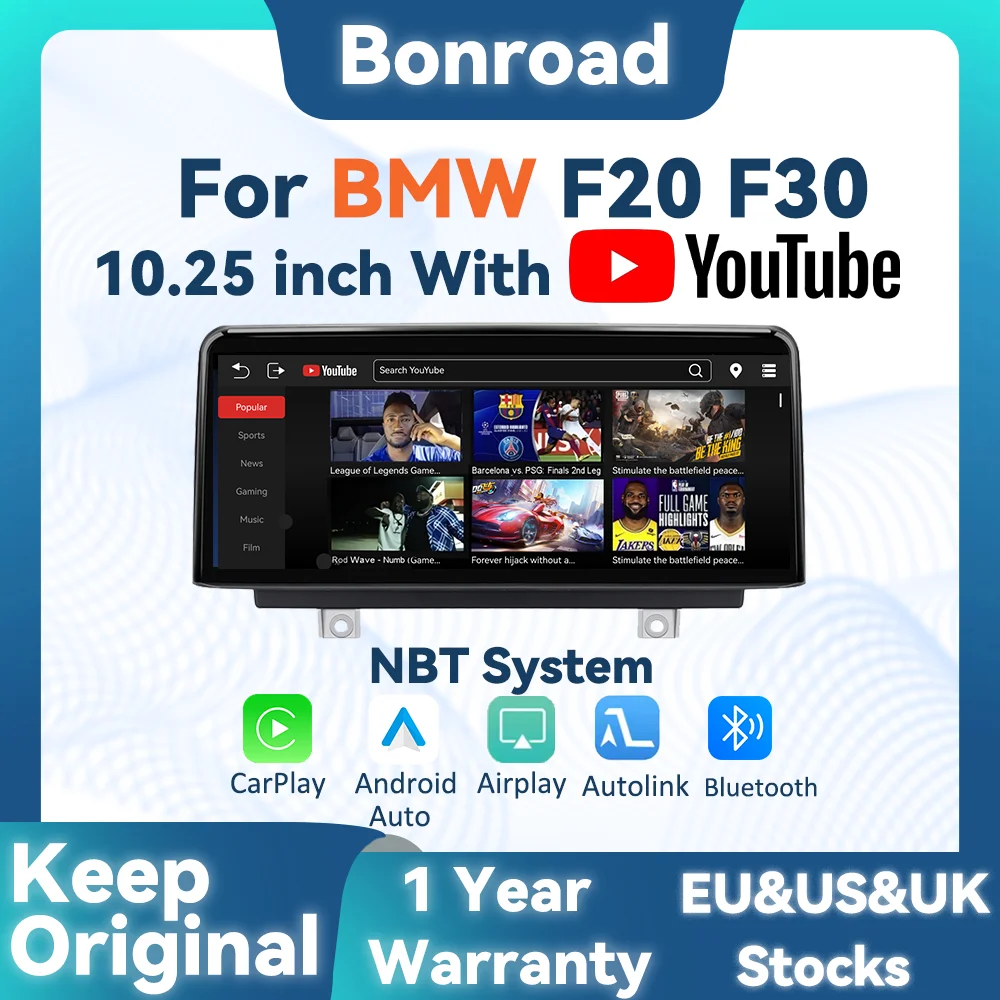 BONROAD 10.25 inch Wireless CarPlay Android Auto Airplay Autolink Mirroring Linux Audio Car Radio With Youtube For BMW 1 Series F20 F22 F23 3 Series F30 F31 F32 F33 F34 F36 GPS Navigation Multimedia