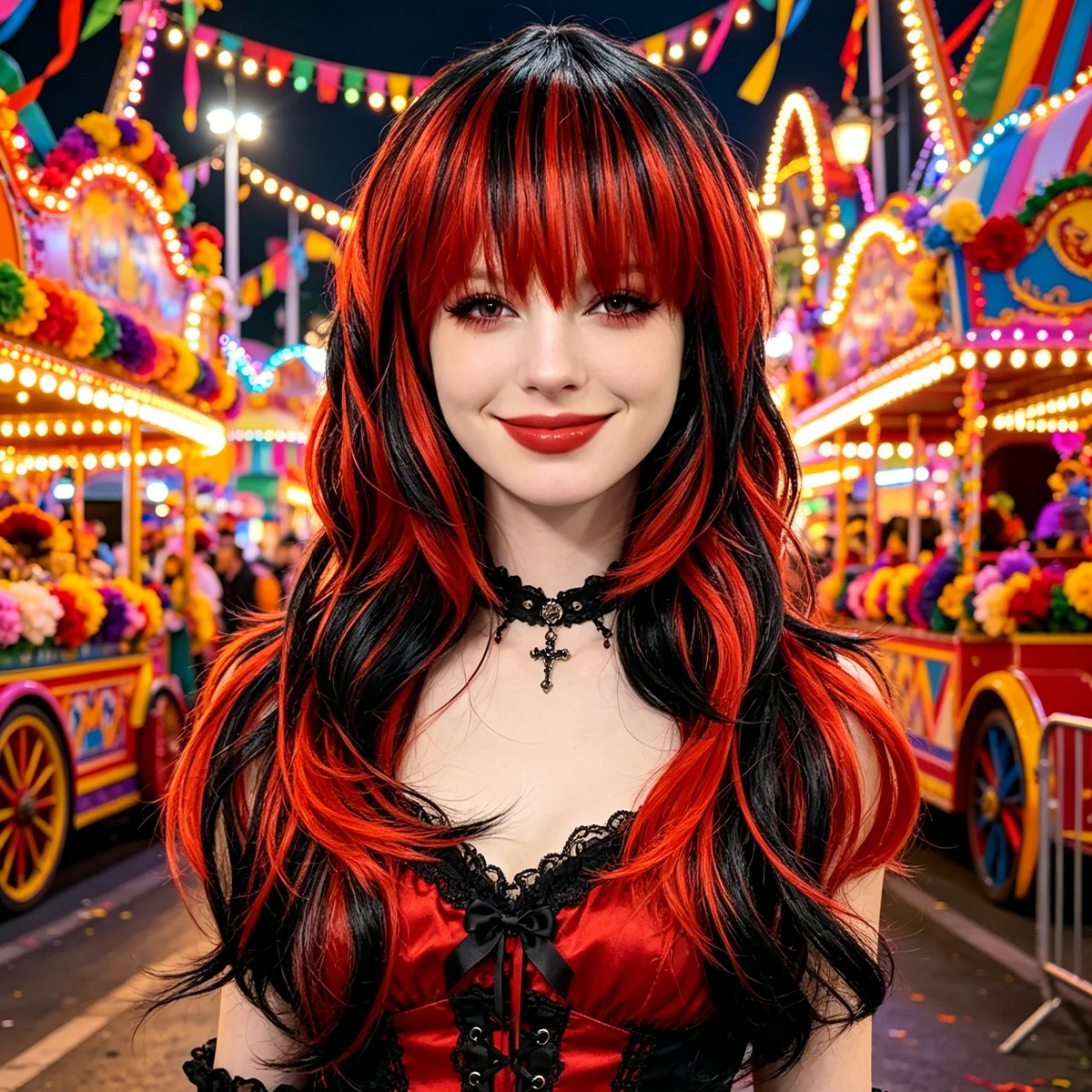 Black Red Highlight Long Wavy Wig Synthetic Hair Straight Bangs Gothic Anime Cosplay Halloween Costume Party Full Wigs for Women