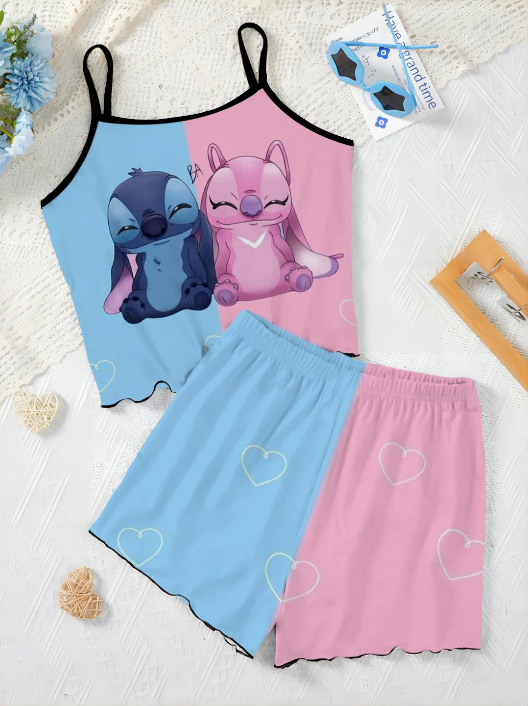 Ensemble pyjama élégant pour femme, jupe à bordure en laitue, t-shirt Disney, robe à enfiler, point, haut, pièces courtes, tenue