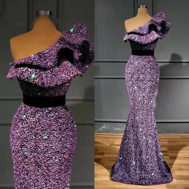 Manufacturer Women Emerald Green One Shoulder Evening Dress Fashion Ruffles Sleeve Sequined Mermaid Gown Custom Black Purple Red