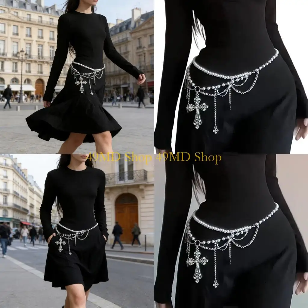 49md-パンクスタイルクロスウエストチェーンパールチェーンボディジュエリー調節可能なクラスプ