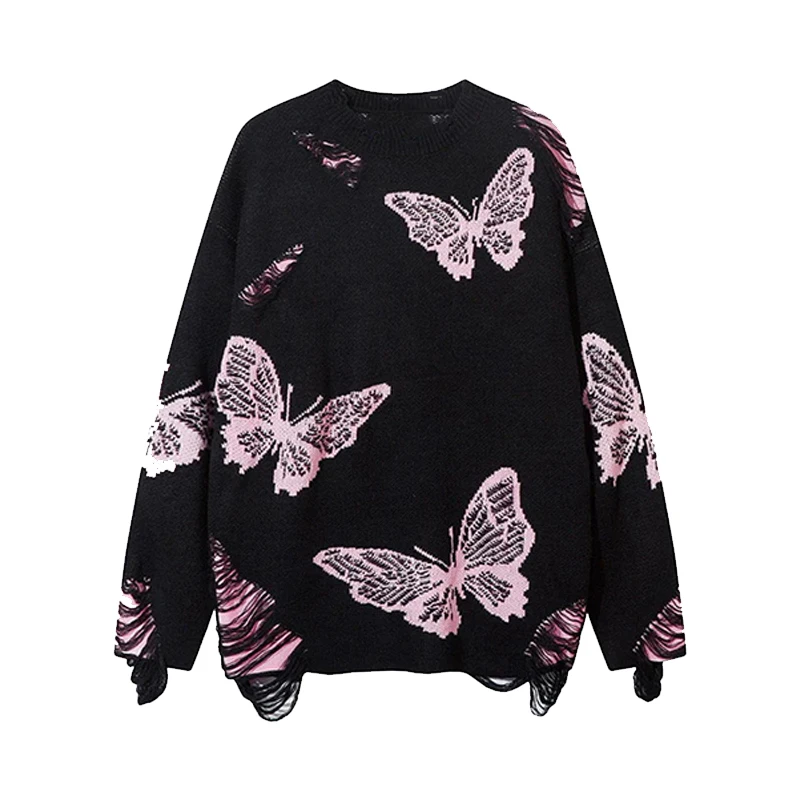 Fashion trend butterfly printed sweater for men and women with lazy design sense, niche hook and flower round neck knitted sweat