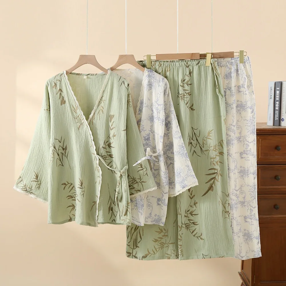

Japanese Style Kimono Pajama Set Women's Cotton Yukata Sleepwear Spring Autumn Long Pants Lightweight Loungewear Robe Outfit