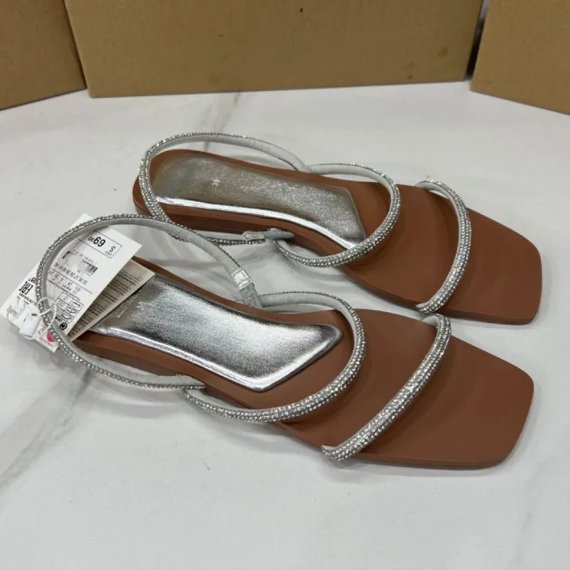 Women's Flat Sandals Bling Crystal Diamond Strap Fashion Square Toe 2024 Summer Party Shoes Sexy Light Plus Size Sandalias Mujer