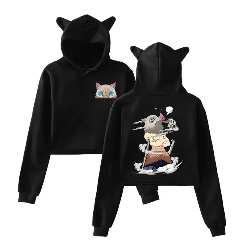 New Anime Hashibira Inosuke Printed Hoodies Women Girl Sweatshirt Cat Ear Hooded Casual Tops Sexy Pullovers Crop Top