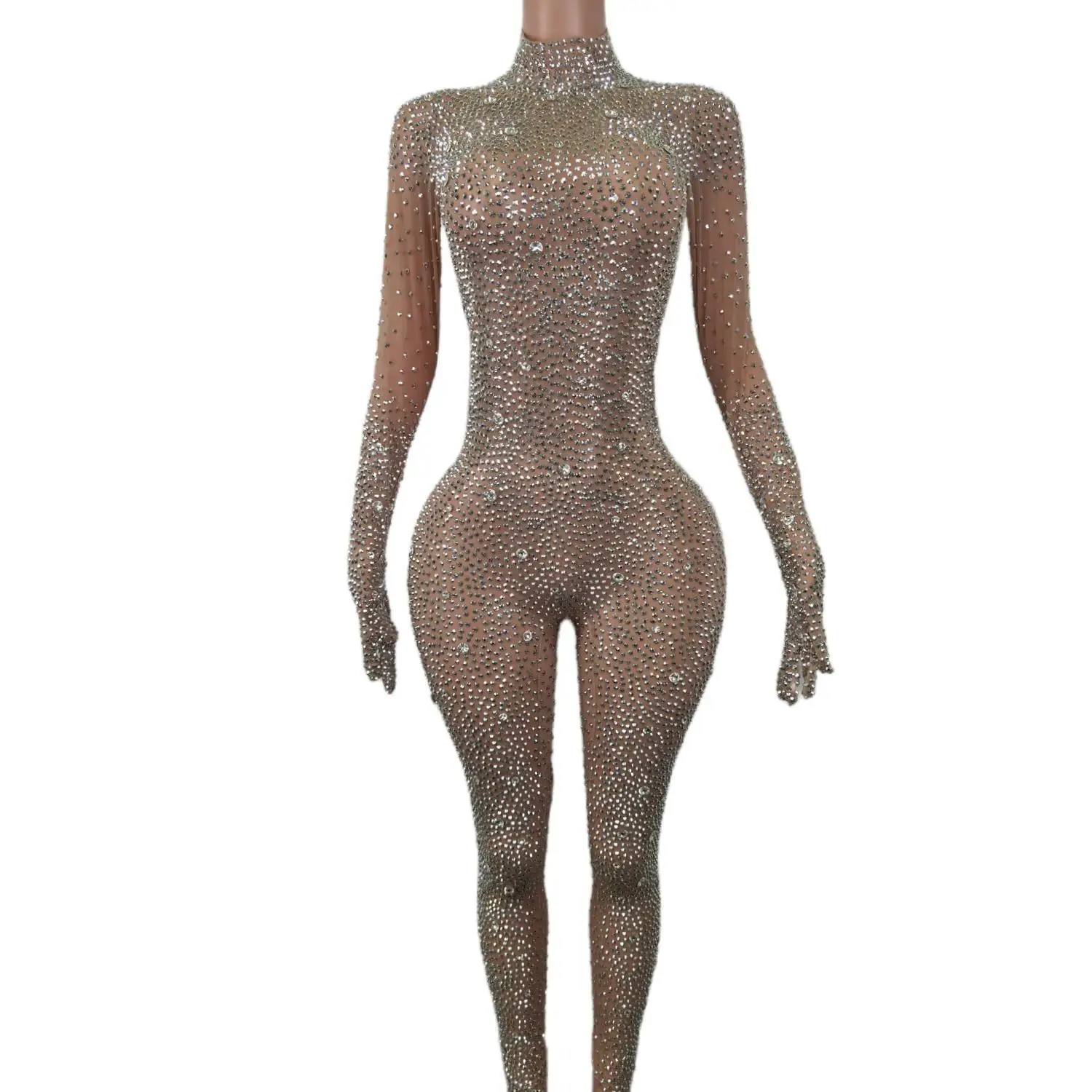 Women Sexy Stage Silver Rhinestones Stretchy Transparent Jumpsuit Evening Birthday Celebrate Outfit Sexy Dancer Bodysuit Shizuan