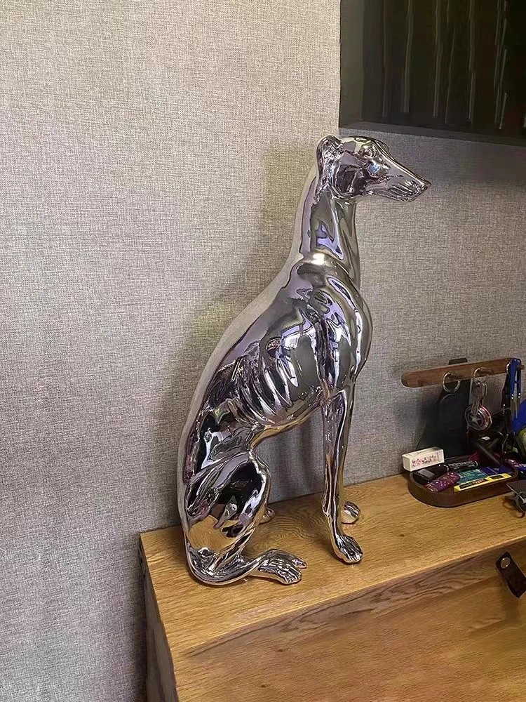 Electroplated Silver Italian Greyhound Sitting Statue Sculpture Modern Home Decoration Interior Accessories Animal Ornaments Gif