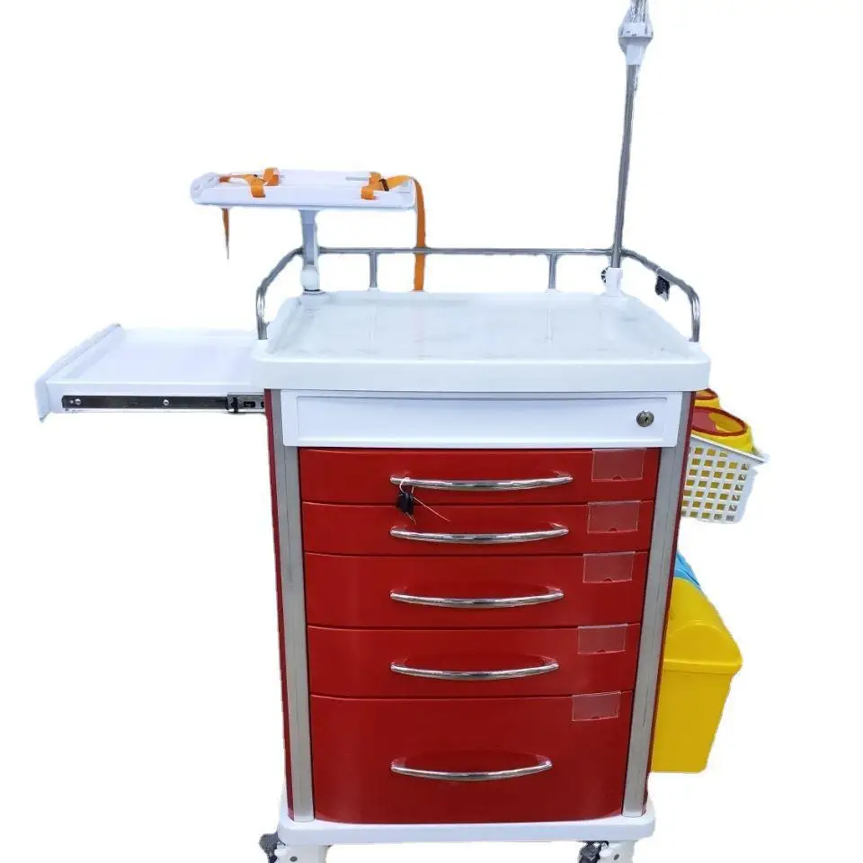 Medical Red Emergency Ambulance Multi-Function Nursing Trolley Drugs Instrument Anesthesia Cart Tail Strop Defibrillator Press