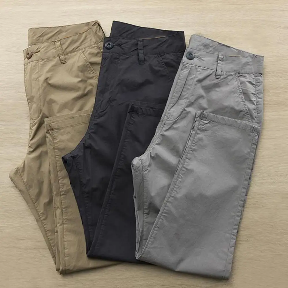 

Cargo Pants Mid Waist Button Zipper Pockets Men Pants Casual Ninth Trousers Breathable Straight Thin Loose Male Spring Trousers