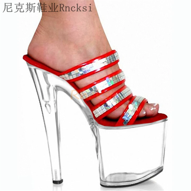 Rncksi   8 Inch Slippers Spool Heels High-Heeled Slippers Sexy Womens Clubbing Crystal Stripper Shoes Put sequins on the vamp