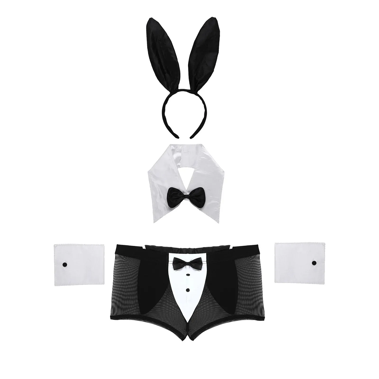 Mens Lingerie Sexy Cosplay Costume Rabbit Ears Boxer Briefs Underwear with Bunny Ears Headband Bowtie Collar and Cuffs Set