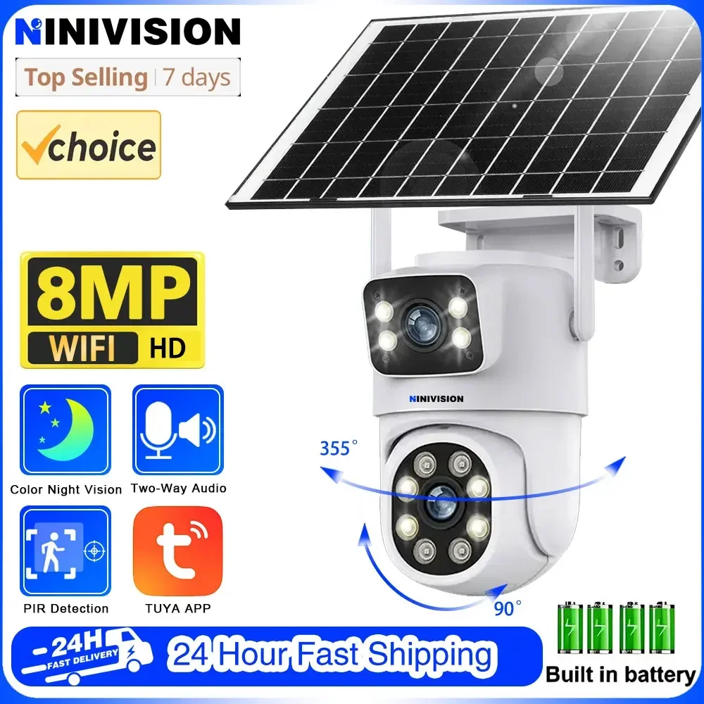 8MP Wireless Solar Camera 4K Dual lens WiFi PTZ Camera Outdoor Built-in Battery Video Surveillance Camera Long Time Standby Tuya