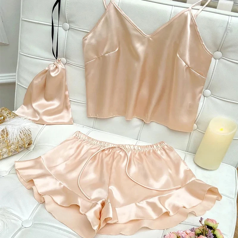 2024 3 Pcs Set Ice Silk Pajama Sets Fashion Soild Suspenders and Shorts With Hanging Bag Home Wear Set Sexy Suspenders