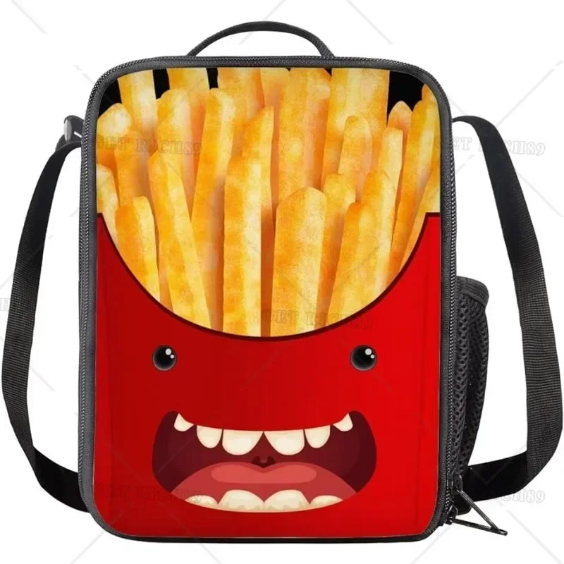 Funny Graphic Print French Fries Lunch Bag for Women Men Boys Girls with Strap Pocket Portable Lunch Box for Work School Trip