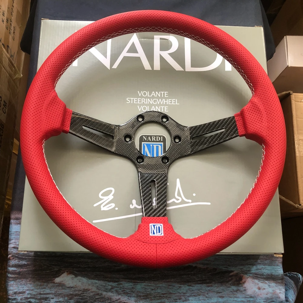 Luxurious Universal 14Inch Racing Nardi Steering Wheel Car Carbon JDM Red Leather Steering Wheel Volantes For VW HONDA TOYOTA