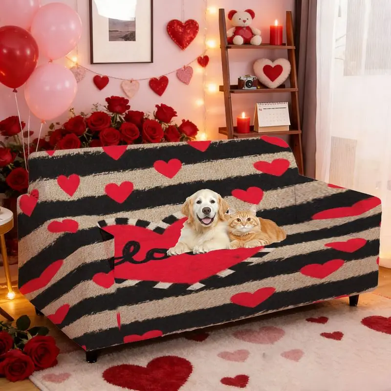 

Чехол для дивана на День святого Валентина, эластичный, теплый, романтичный, с полосками и красным узором «Сердце», машинная стирка, чехол для дивана с подлокотниками