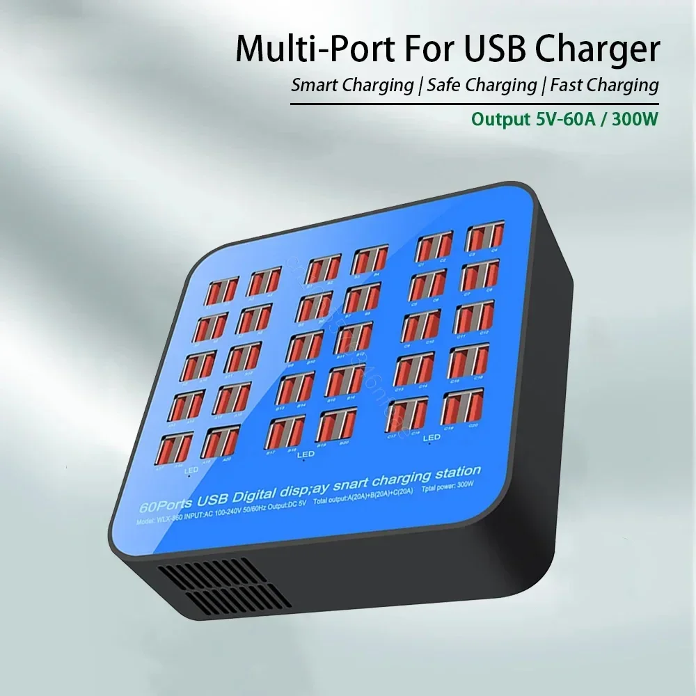300W/200W/100W 10/20/40/60 Ports USB Charger Display For Android iPhone Adapter Multifunctional HUB Charging Station Dock Socket