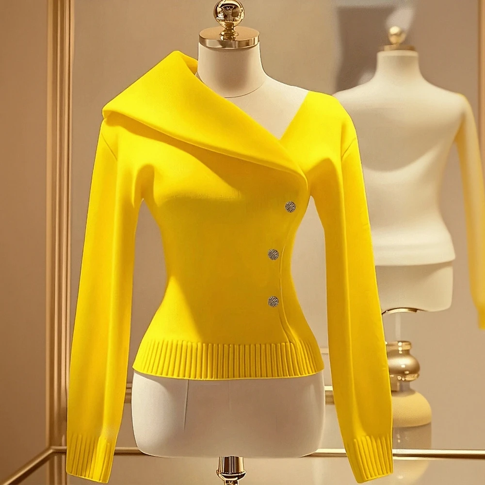 

Женский элегантный асимметричный свитер с длинными рукавами и лацканами на пуговицах, повседневный осенний модный стиль