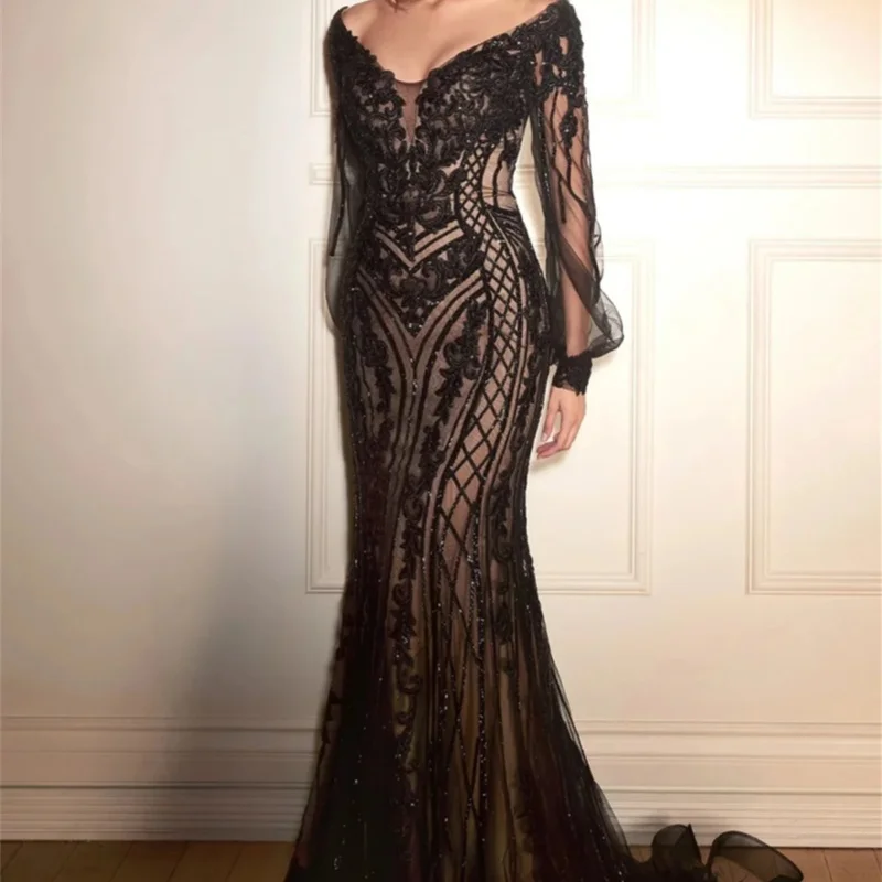 Sexy lace evening gown Long sleeve tulle floor-length ball gown heart-neck cocktail dress