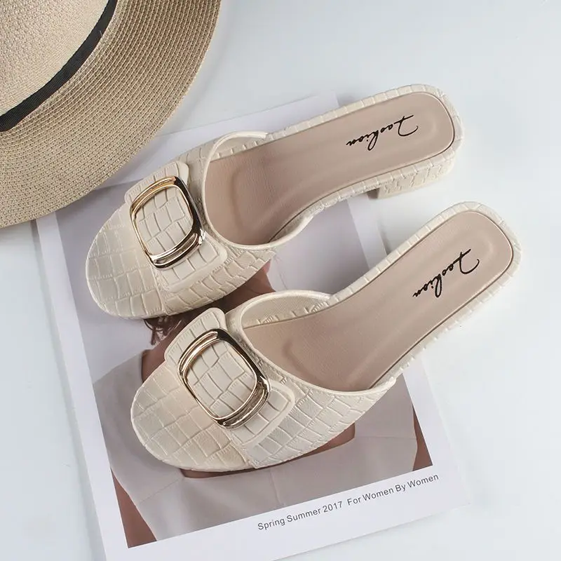 Summer Home Woman Slippers Shoes For Women 2024 Open Toe Sandals Low Heel Black House Slides Chic Elegant But Cheap New Style B