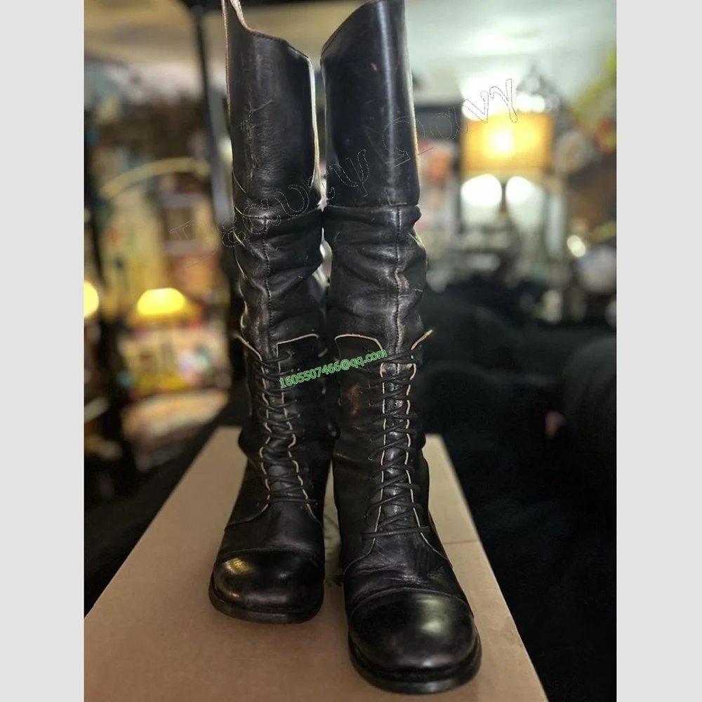 

Black Matte Leather Knight's Boots Soft Leather Cross Tied Men's Shoes Round Toe Knee High Shoes for Men Zapatos Para Hombres