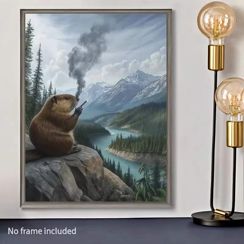 2D Flat, 1pc Frameless Canvas, Beaver Smoking a Cigar, Chic Mural Decoration, Unique Creative Wall Art Decor, for Living Room, B