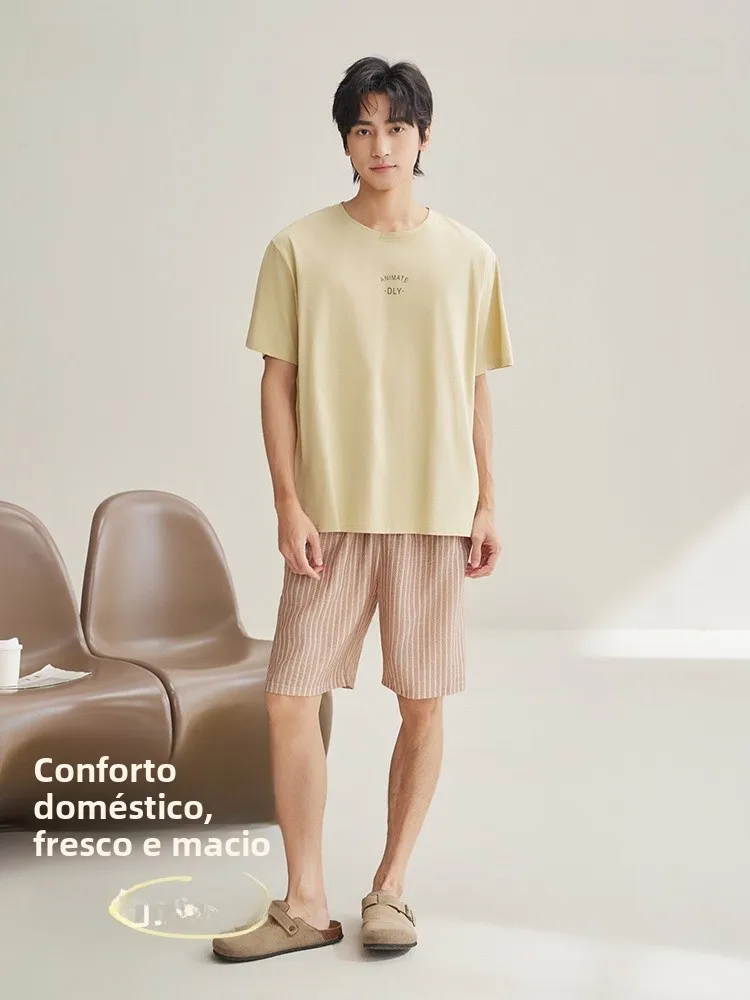 anziban-pure-cotton-men's-sleepwear-summer-cool-feeling-overhead-short-sleeve-striped-shorts-casual-simple-home-clothes-set