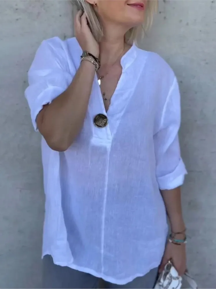 

2025 Summer New Solid Color Cotton Stand Collar Shirt Fashion Elegant Casual White Loose Office Holiday Top Shirts Women Clothes