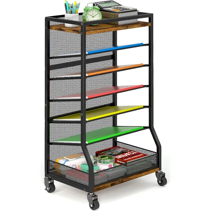 7 Tier Rolling File Cart with Sliding Trays, Wood Metal File Organizer Beside Desk, Free-Standing File Holder, Paper Letter