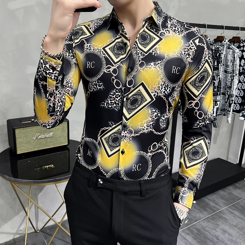 6XL Vintage Long Sleeve Mens Shirt Autumn British Style Slim Fit Leopard Printed Male Shirts Blouses Streetwear Social Nightclub