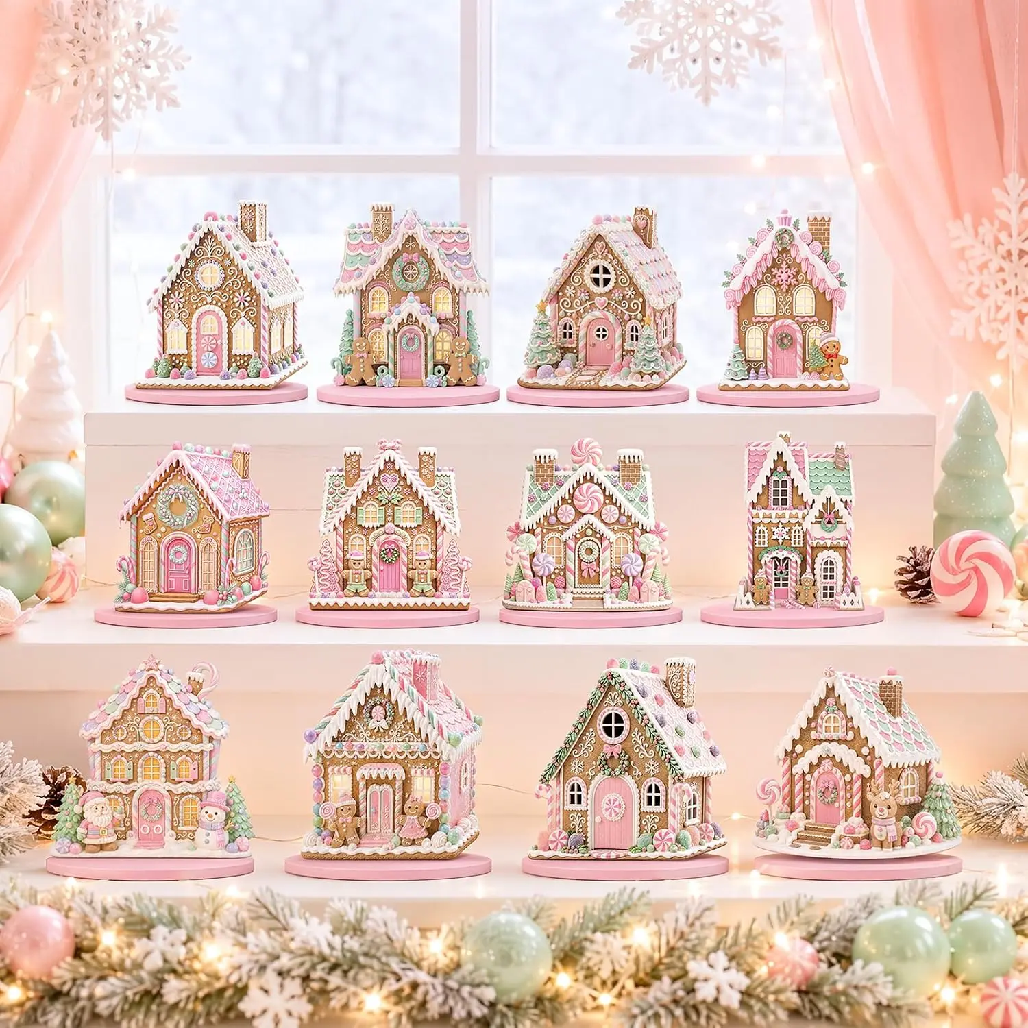12 Pcs Pink Pastel Gingerbread House Xmas Table Centerpiece