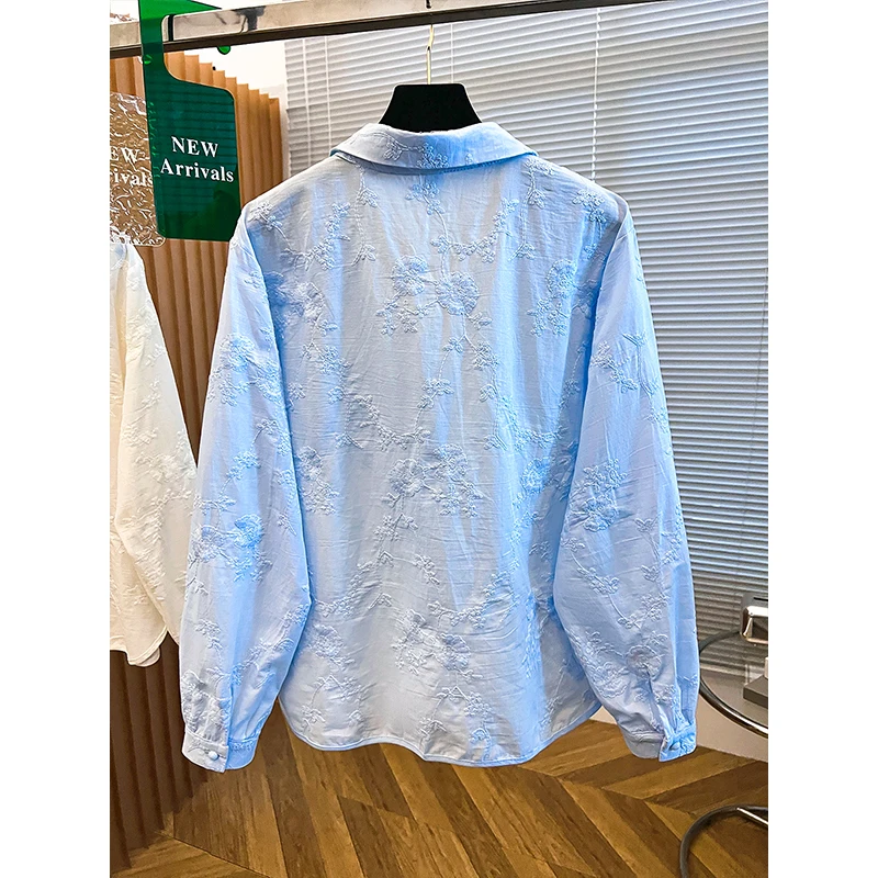 قميص مطرز بالزهور بأكمام طويلة للنساء على الطراز الفرنسي معاطف ذات صدر واحد وطية صدر السترة، ملابس علوية فضفاضة غير رسمية #3