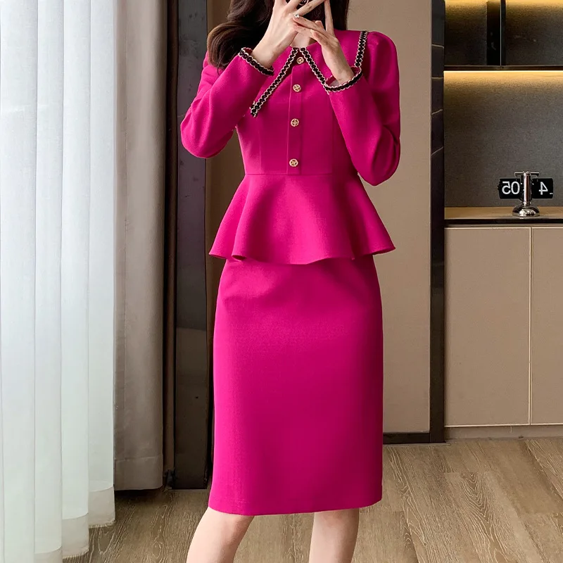 Peter Pan Collar Single-breasted Blazer Skirt Suit SpringAutumn Office Formal Women's Business Elegant Sets Skirt костюм