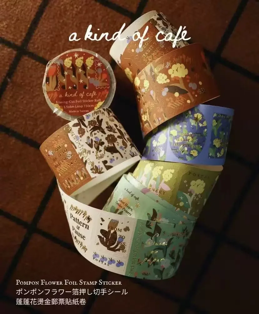 Rollo de pegatinas con diseño de flores y pompones vintage de A Kind Of Cafe Studio para hacer tarjetas, álbumes de recortes y manualidades.