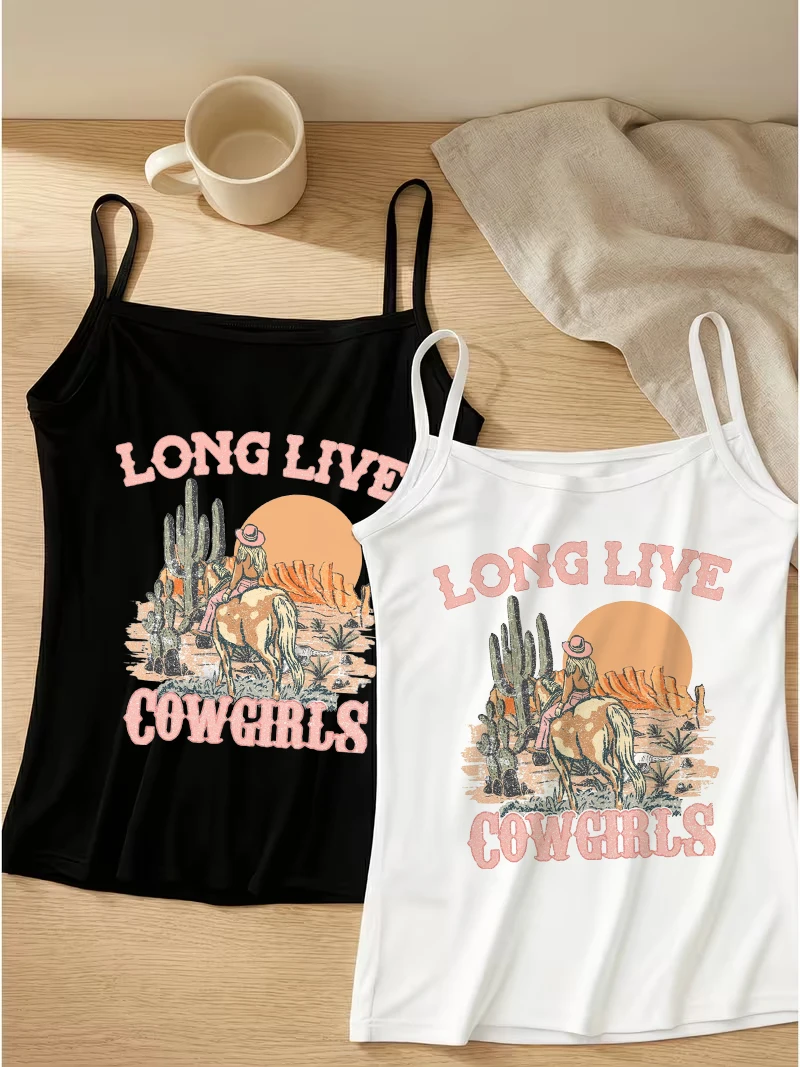 Retro Country Girl Style Print Tank Top for Summer Cactus Camisole Casual Sleeveless Vest Daily Wear Soft Aesthetic Cool Trendy