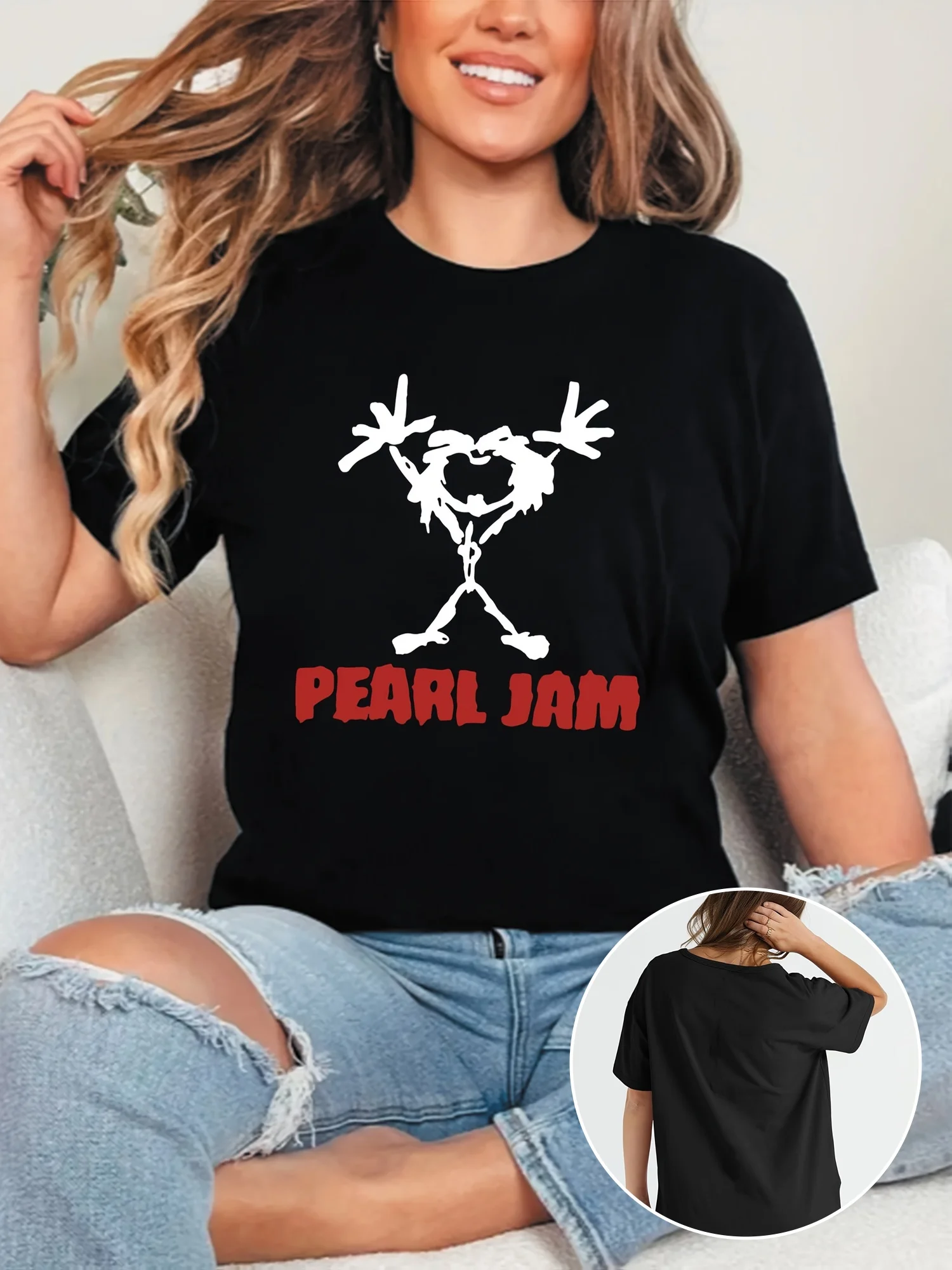 

Plus - Size Classic band pattern T-shirt with short black sleeves and band logo print