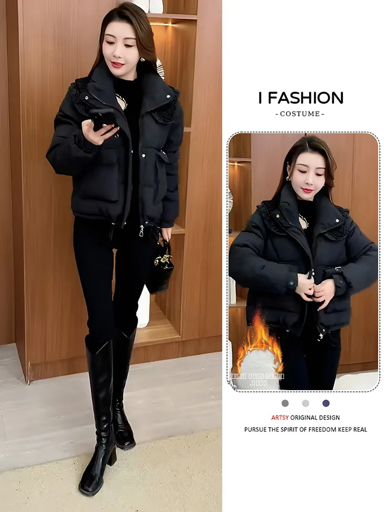 

Свободная женская зимняя куртка большого размера с наполнителем из пуха и хлопка, утепленная, с воротником-стойкой, на молнии