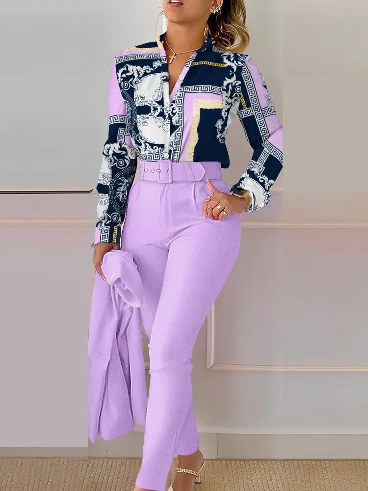 Spring Autumn New Printed Long Sleeved Shirt Suit Women Stylish Slim Elegant Female  Office Pencil Pants 2 Piece Set (with Belt)