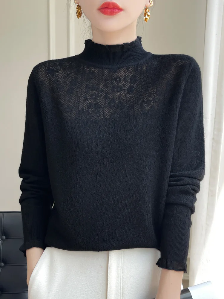 2025 French Autumn Winter Knitted Sweater mesh high Collar slim lace retro T Shirt transparent bottom blouse hollow outfit