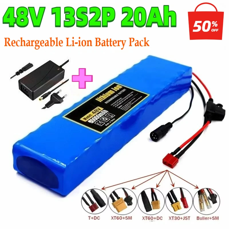 

48V 13S2P 18650 Powerful Battery Pack 10Ah Large Capacity Lithium Battery Rechargeable Li-ion Battery Pack with 54.6V Charger