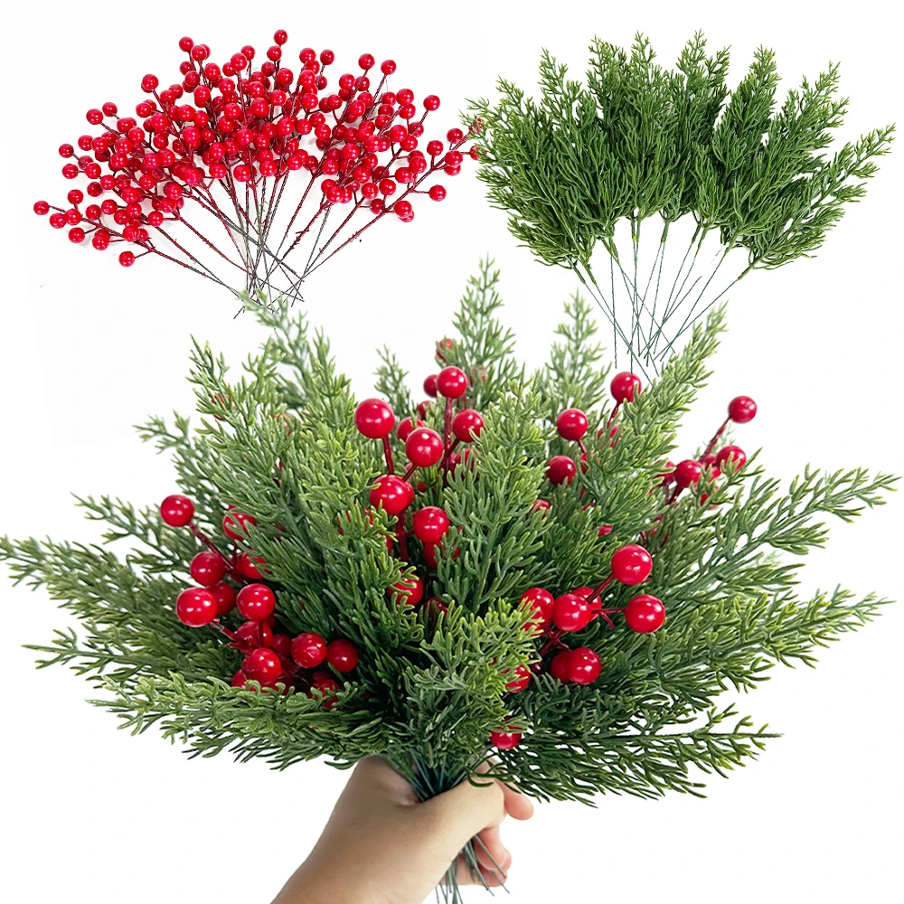 10 pçs enfeites de natal artificial norfolk ramos de pinho com frutas vermelhas flores falsas para diy guirlanda de natal árvores decoração de mesa