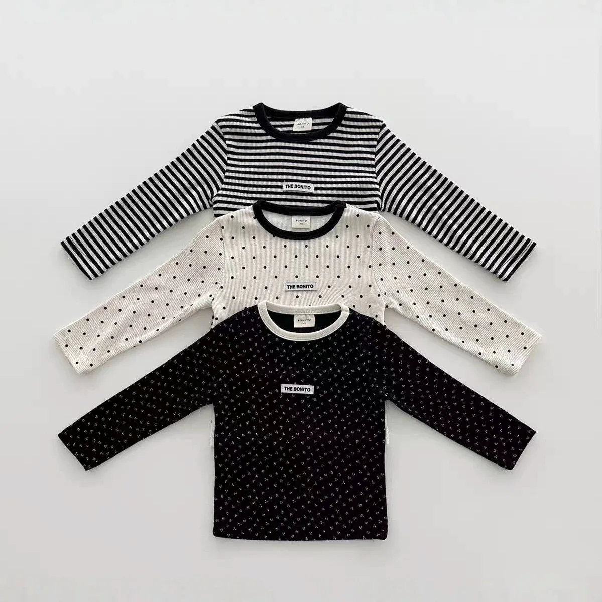 Korean Children's Clothing New 2026 Spring and Autumn Treasure Cotton Striped Polka Dot Round Neck Base T-shirt