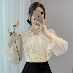 Women's New Style French Lotus Leaf Lace Gentle Chiffon Shirt with Unique and Stylish Design Trendy Small Shirt