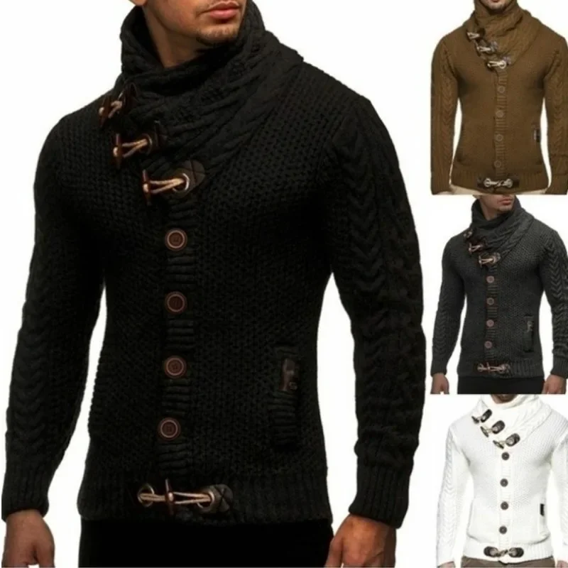 Men's Slim Fit High Neck Single Breasted Cardigan with Long Sleeves and Knitted Sweater for Autumn and Winter