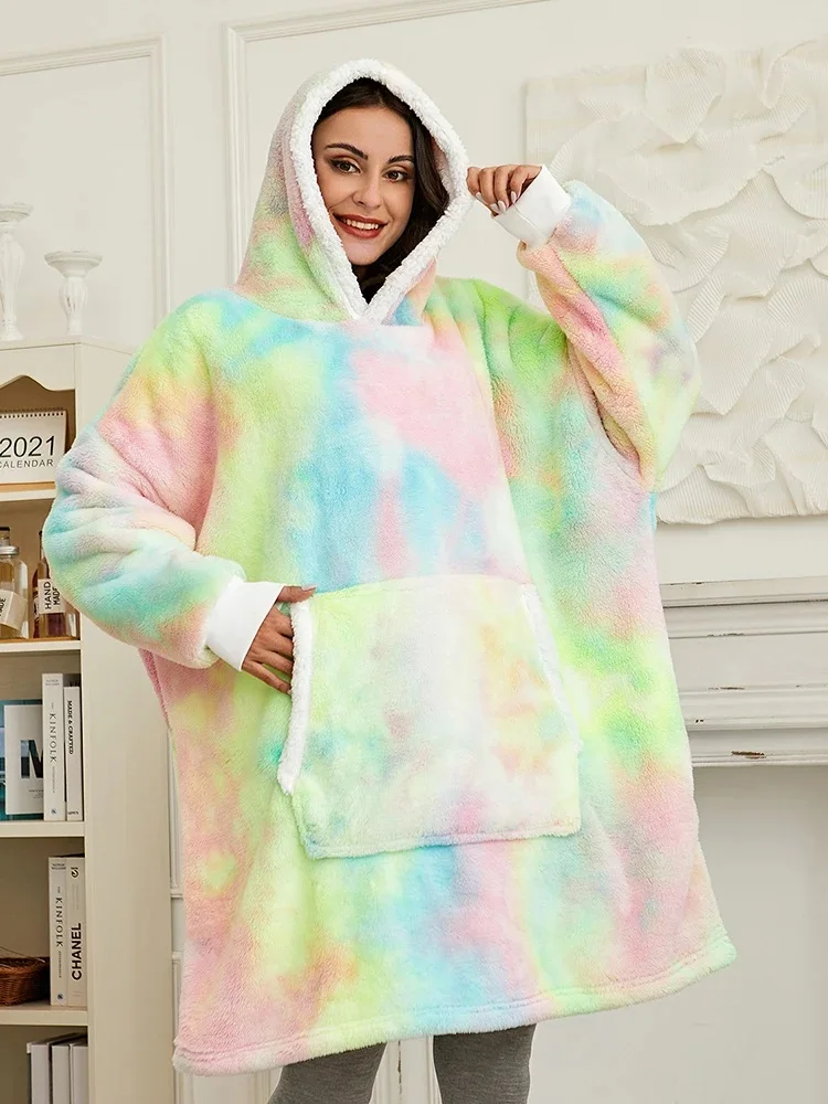 Manta con manga para mujer, Sudadera con capucha de invierno, bolsillo de TV, sudadera polar de felpa cálida, sudadera de gran tamaño de lana de