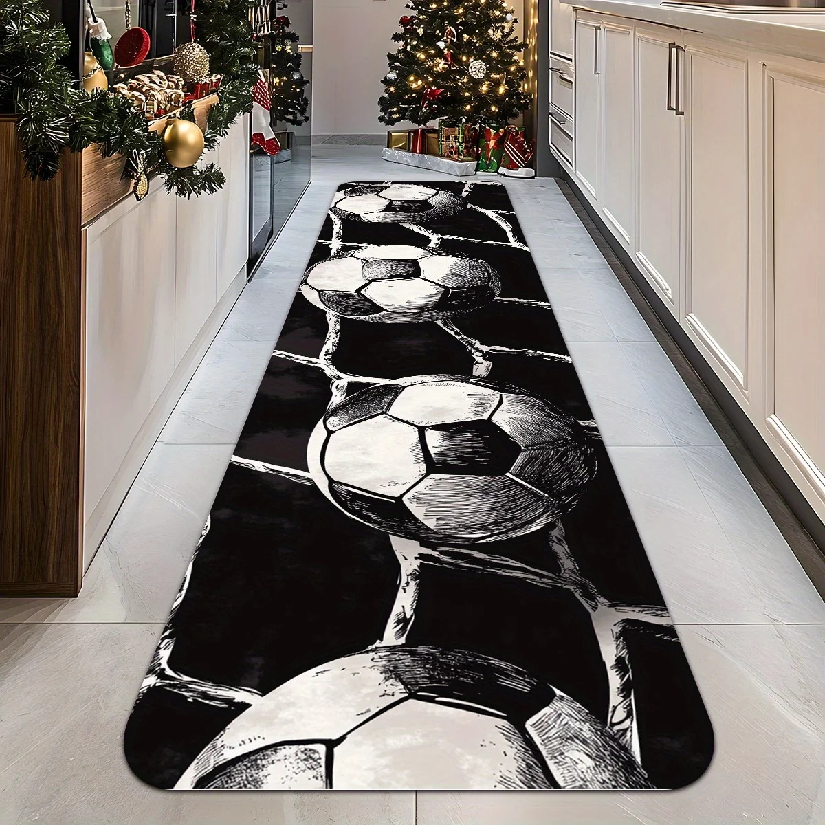 3D Sketch Soccer Ball Net Print Diatomaceous Earth Kitchen Mat, Non-Slip Oil-Proof Waterproof Stain Resistant Long Floor Rug